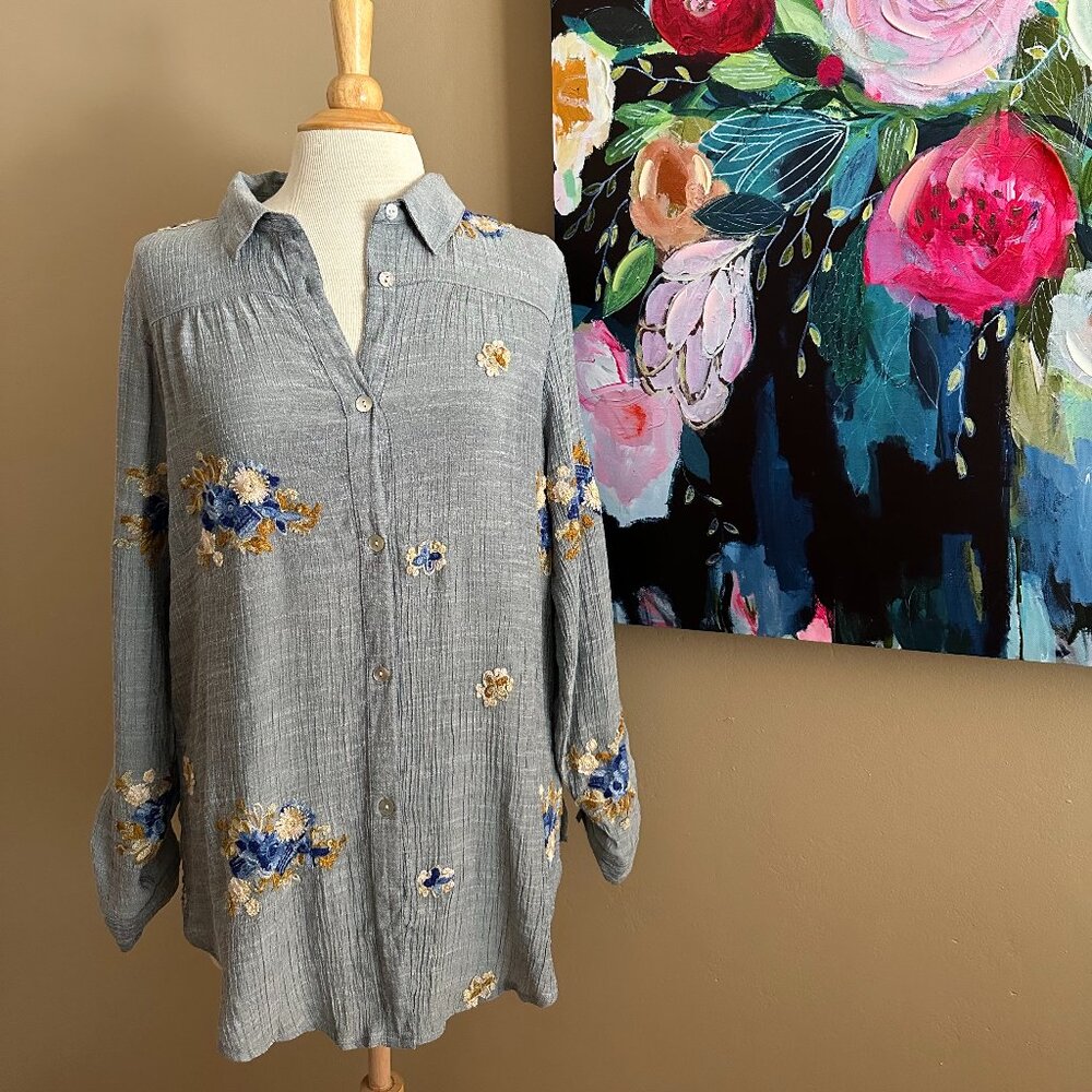 Anthropologie Fig & Flower Blue Crinkle Gauze Embroidered Tunic Size Large